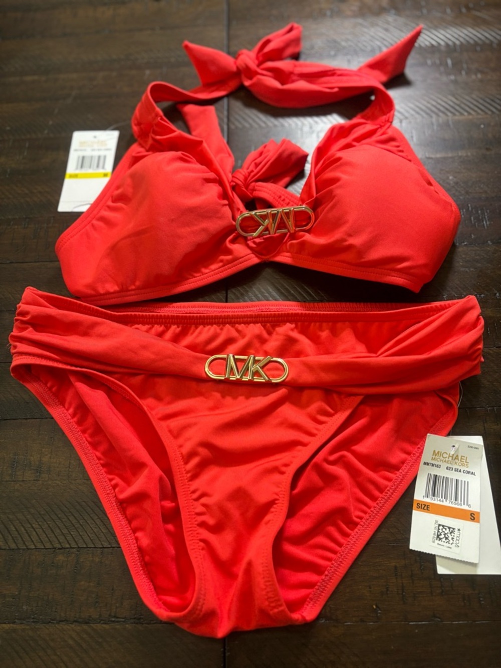 Michael Kors Coral Red Halter Bikini with Gold MK Accents #0009